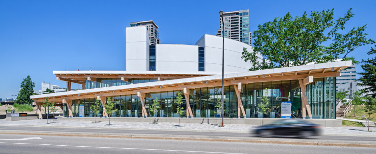 Panorama shot of the facade of the Scarborough Civic Centre Branch Library.
