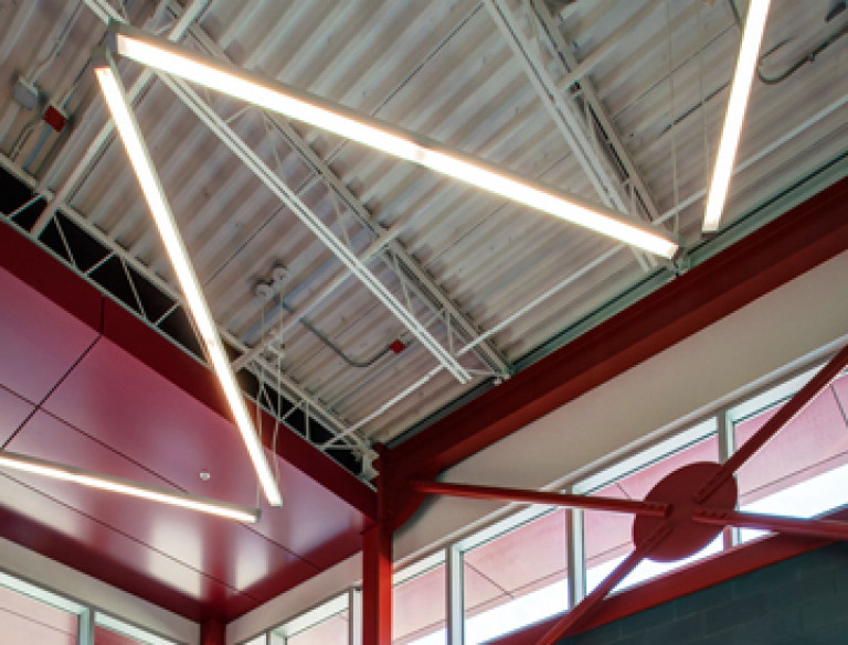 The ceiling of the garage of the Garry W. Morden Centre with focus on the ceiling lighting.