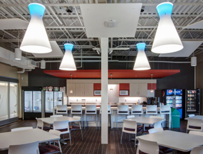 The kitchen of the Garry W. Morden Centre with focus on the modern ceiling lights.