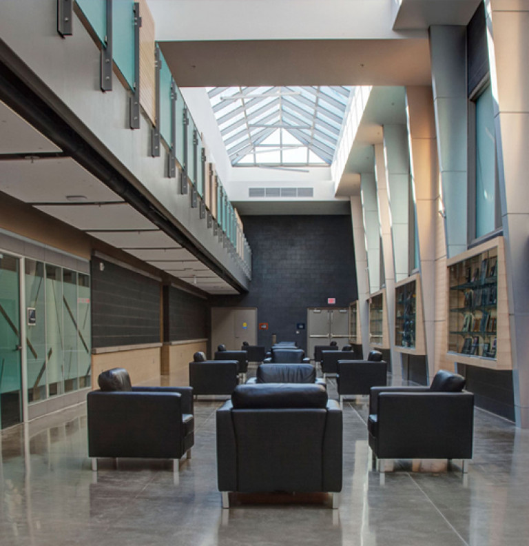 The lounge chairs with view of the skylights of the Garry W. Morden Centre.