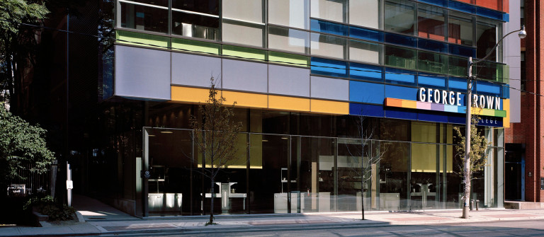 The facade of George Brown College - Aquicon post-secondary education buildings.