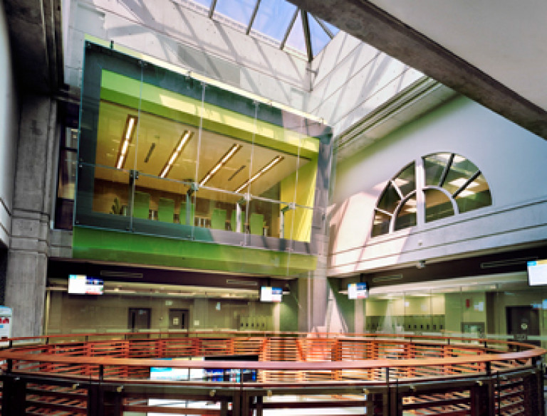 The atrium of the George Brown Culinary School and its skylight.