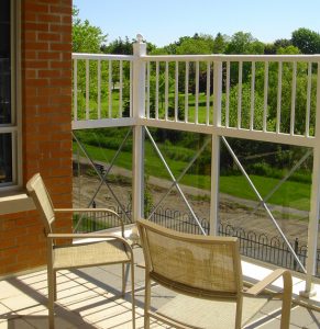 Two chairs on one of the balconies of the Markhaven LTCF.