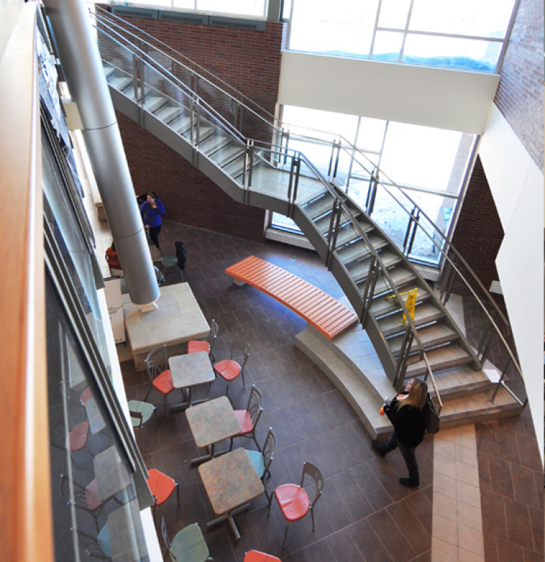 An aerial shot of the stairs of the Niagara College - SAC.