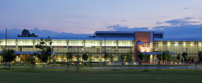 A panorama shot of the exterior of the Niagara College - SAC.
