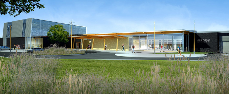 A panorama shot of the exterior of the Oak Ridges Community Centre.