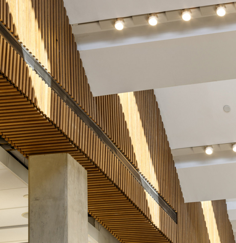 A detail shot of the ceiling of the George Brown College - Casa Loma Campus BAEC with lighting spots.