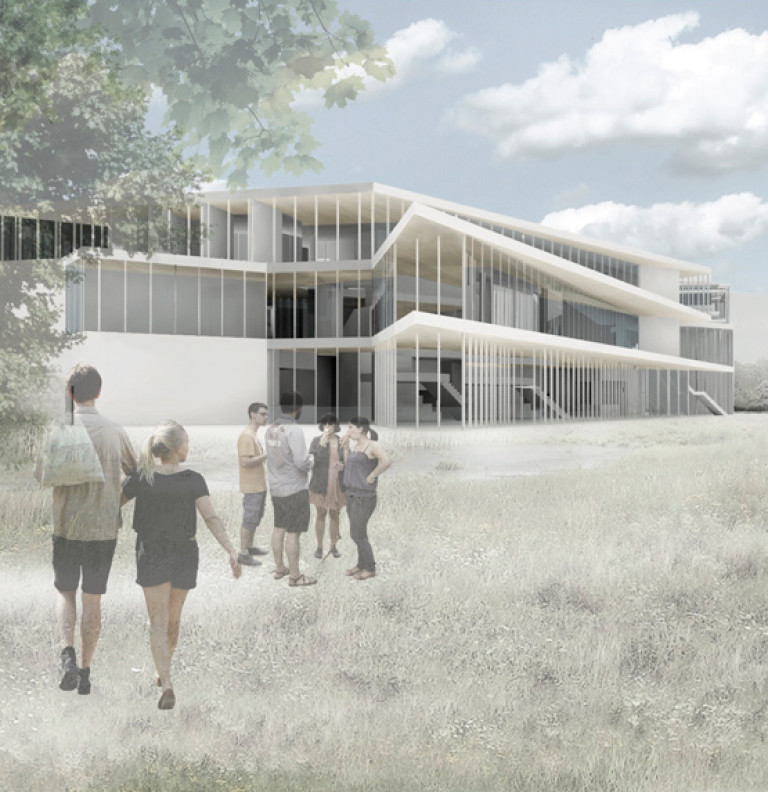 A rendering of the exterior of the Trent University Student Centre from the garden perspective.
