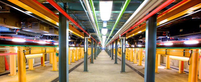 A panorama shot of the interior showing the workshop of the Toronto Transit Wilson Complex.