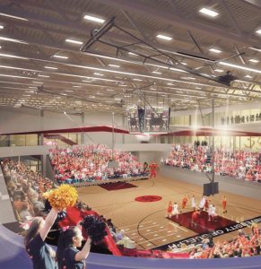 A rendering of the basketball stadium of the University of Guelph - Mitchell Centre Expansion.