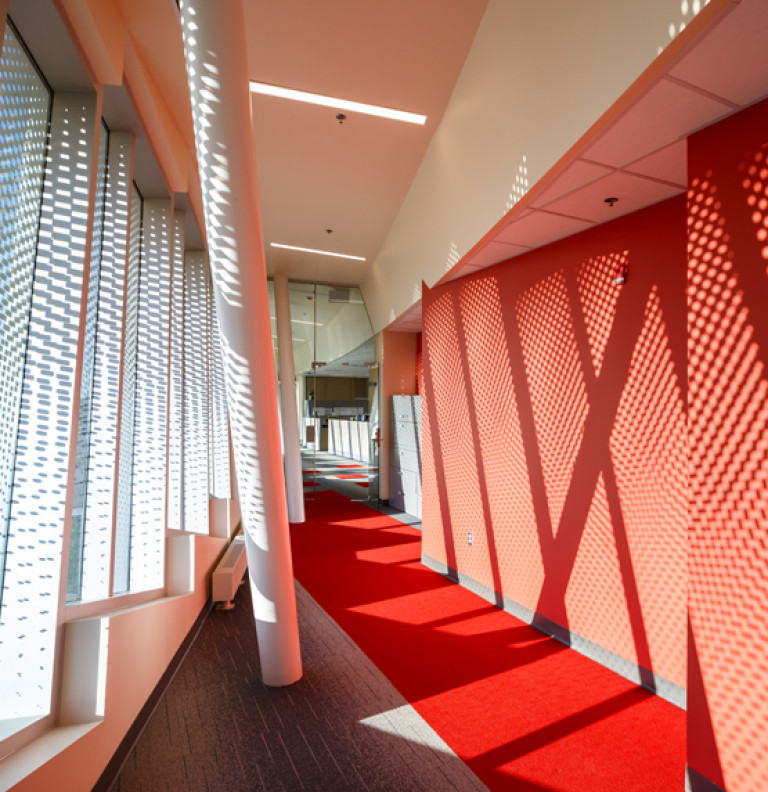 A corridor of the Vaughan Civic Centre and Resource Library with a beautiful play of light and shadow.