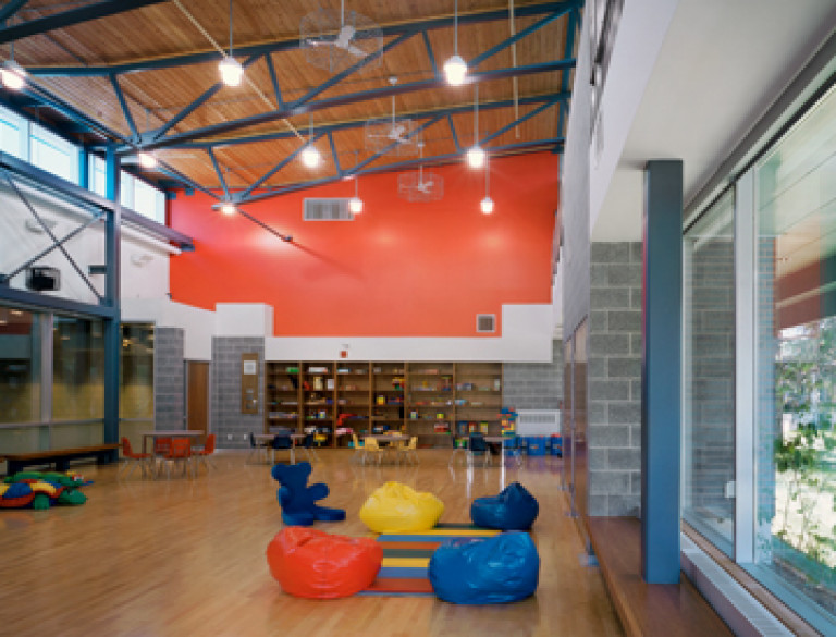 The colourful lounge area with poufs at the W. Ross MacDonald School.