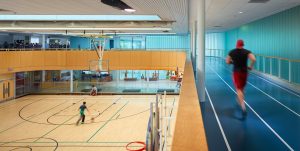 View of the recreational track and athletic space at the MacBain Community Centre.