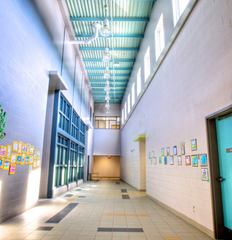 One of the corridors with high windows of the Ardagh Bluffs Public School.