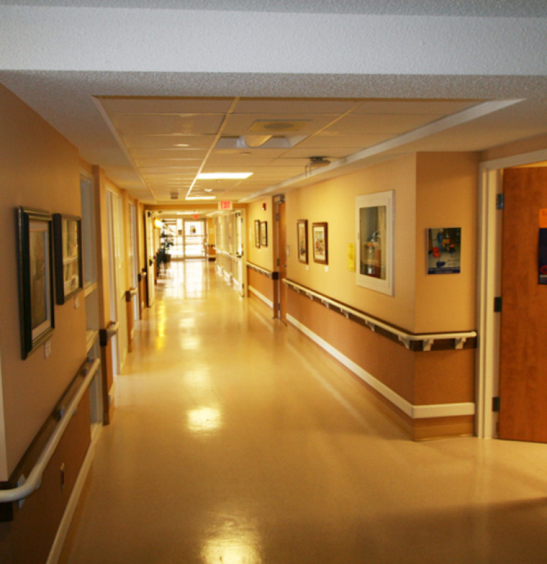 The corridors in the Grove Park Long Term Care Facility are spacious and accommodating.
