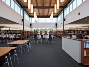 The Hamilton South Mountain Complex's library is open and spacious for easy use and enjoyment.