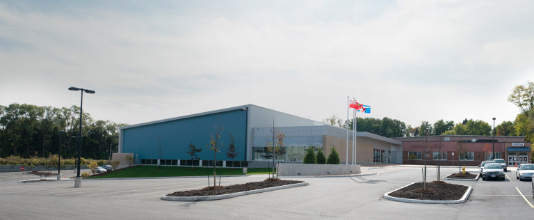 A wide view of the outdoor facilities and space at the Leaside Memorial Gardens Arena.