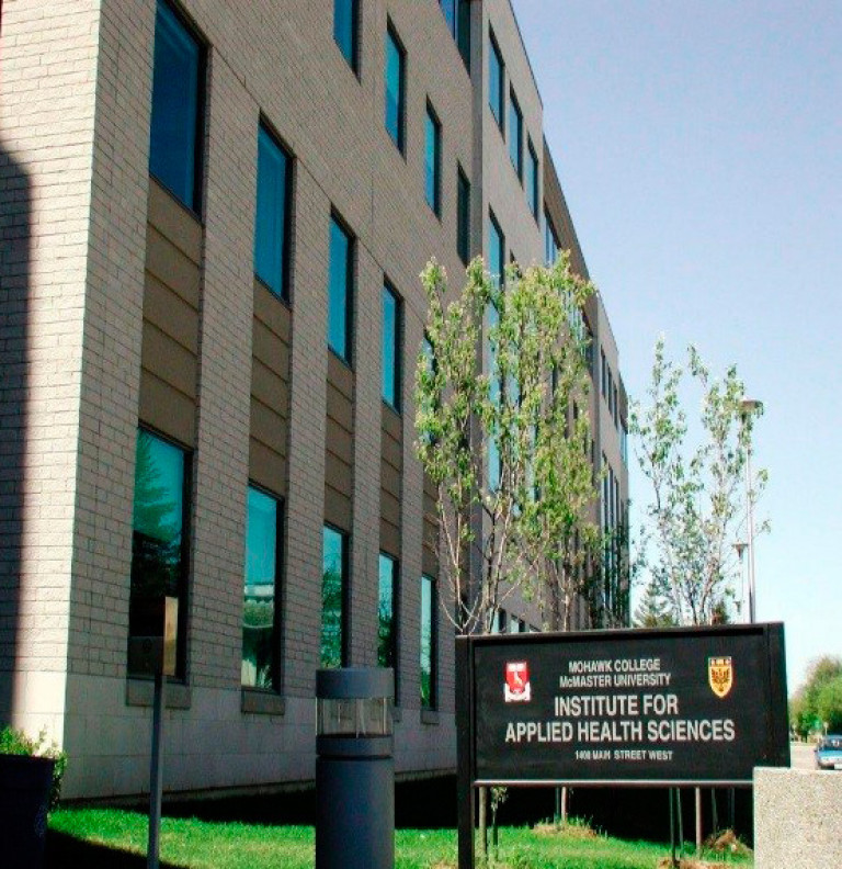 View of the modern exterior at the McMaster Institute for Applied Health Sciences building.