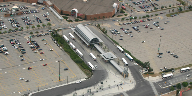 Aerial view of the Mississauga Transit Terminal and surrounding area.