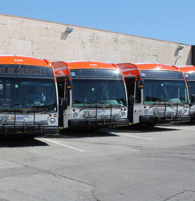 Buses parked at the People Mover and Transit Facility in Niagara Falls.
