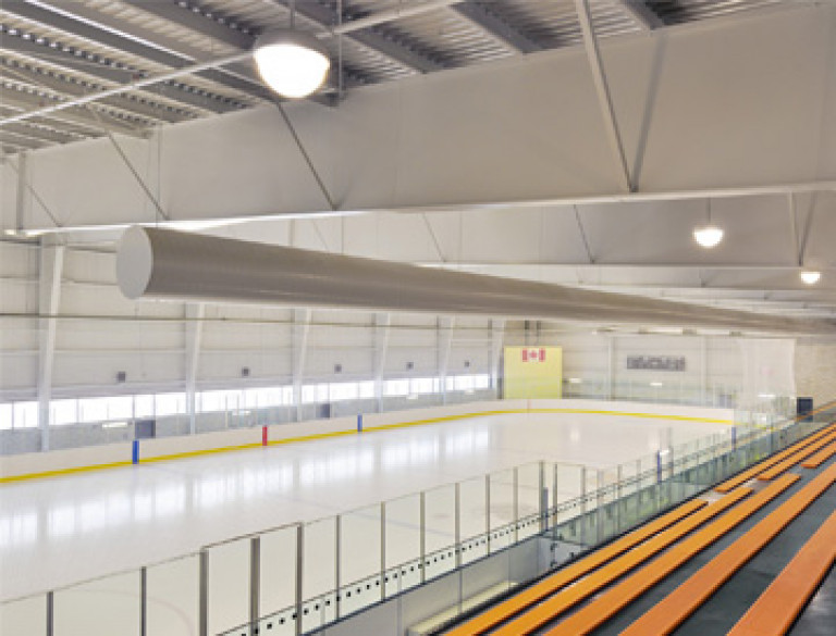View of the rink at the North Wentworth Twin Pad Arena from the audience's perspective.