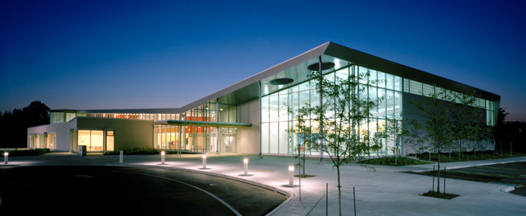 View of the beautifully modern exterior of the Peterborough Sports & Wellness Centre.