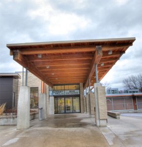 An exterior view of the beautiful entranceway to the Vic Johnston Community Centre.