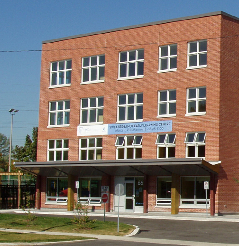 An exterior frontal view of the YWCA New Residential Building & Child Care Centre.